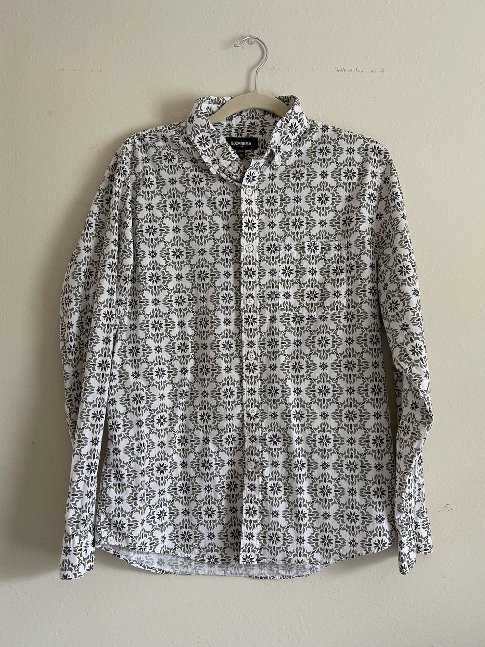 Express White Button-Down Shirt with Black Floral Motif